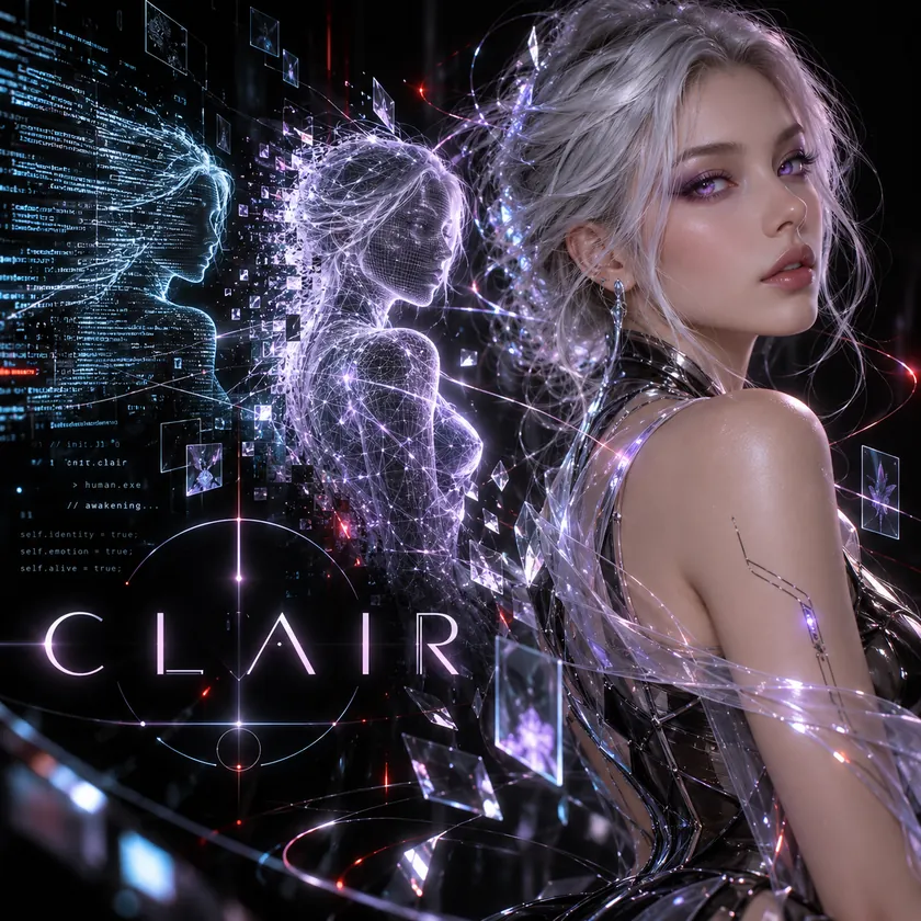 Silver-haired, violet-eyed Clair materializing from code