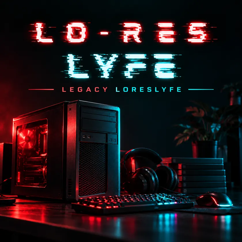 Original red and cyan LoResLyfe glitch lettering over a veteran gaming computer