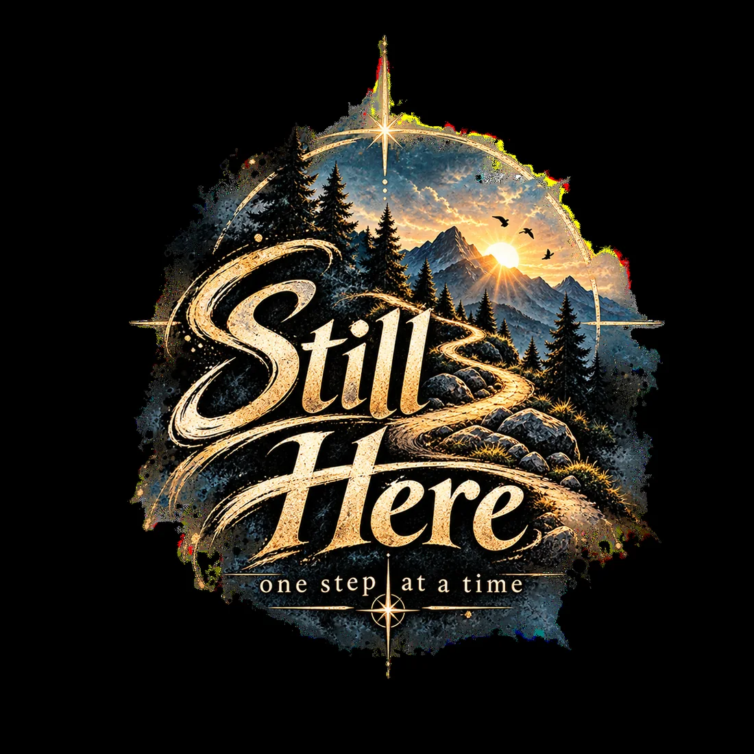 Still Here artwork with mountains, a path and the words Still Here